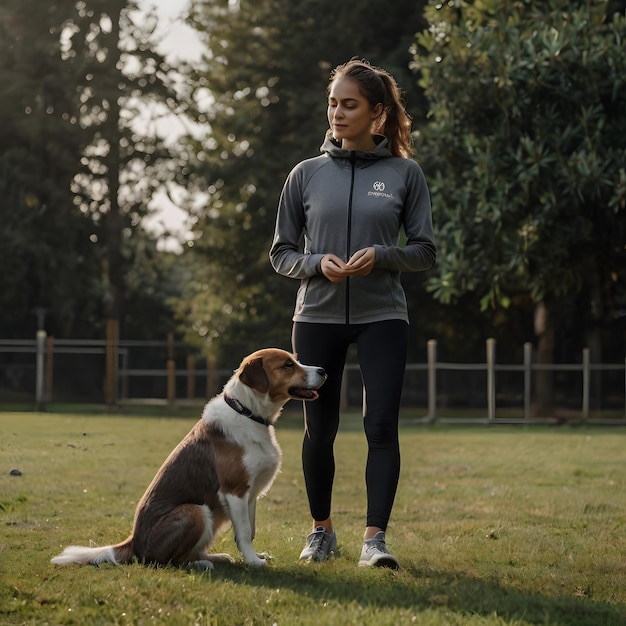 a woman in a black sweatsuit with a dog in front of her