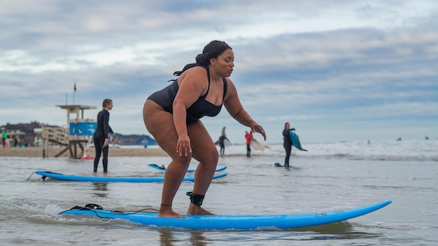 a woman in a black swimsuit is surfing on a surfboard