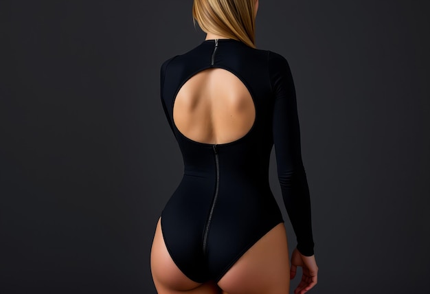 Photo a woman in a black swimsuit with the back turned to the side