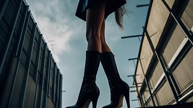 A woman in black tights and high heel boots