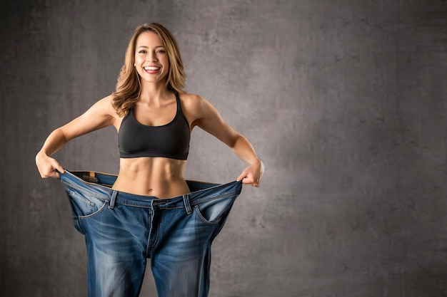 a woman in a black top holds a pair of blue jeans