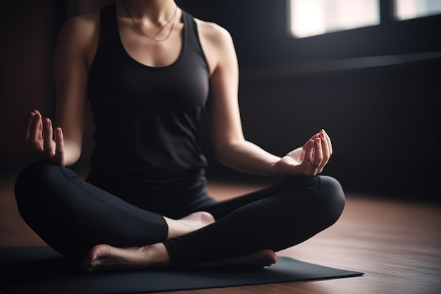 A woman in a black top and leggings sits on a yoga mat, with her hands in the air, her feet are crossed.