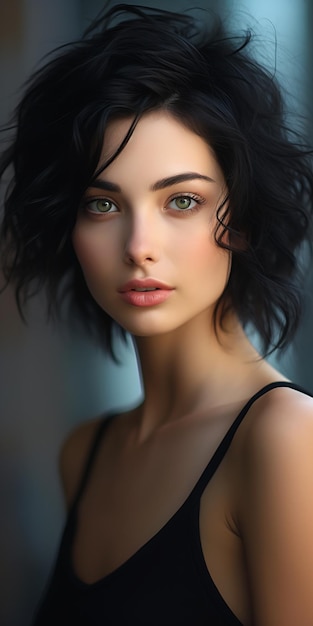 woman black top posing pale makeup natural short hair face frontal portrait delicate doll young