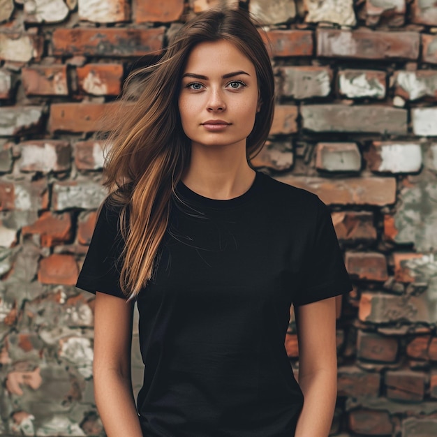 a woman in a black tshirt stands in front of a brick wall