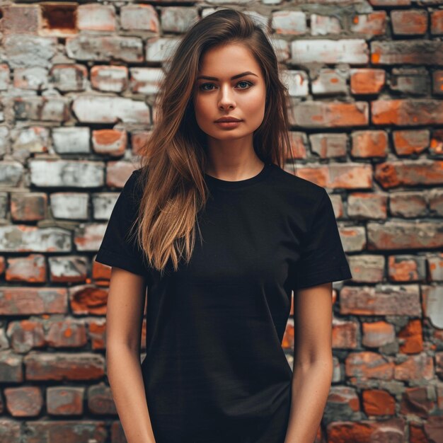 a woman in a black tshirt stands in front of a brick wall