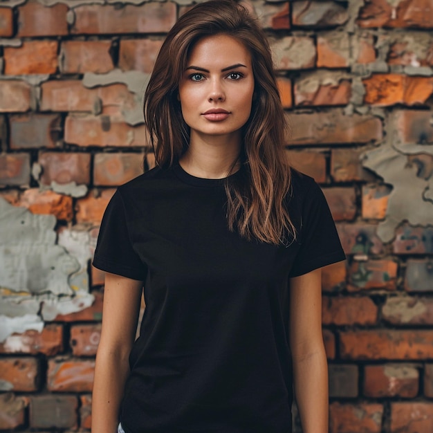 a woman in a black tshirt stands in front of a brick wall