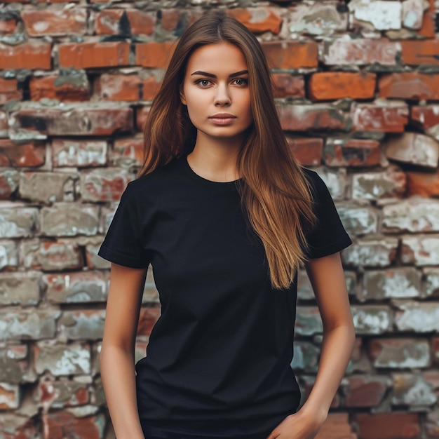 a woman in a black tshirt stands in front of a brick wall