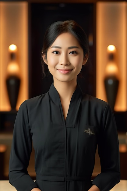 A woman in a black uniform stands in front of a wall with lights behind her.