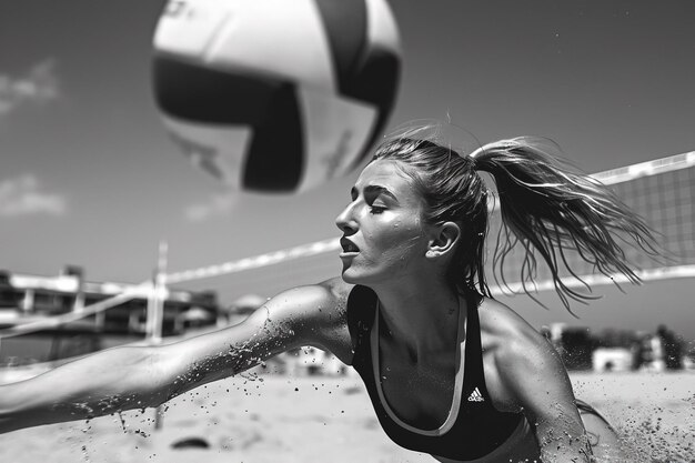 Photo a woman in a black and white photo hitting a volleyball