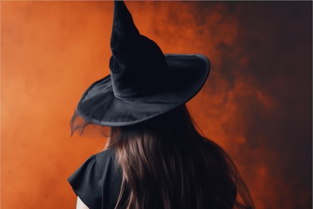 A woman in a black witch hat stands in front of a orange background.