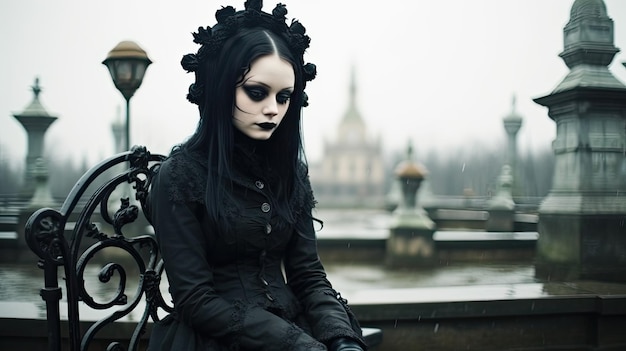 a woman in black with black makeup sitting on a bench