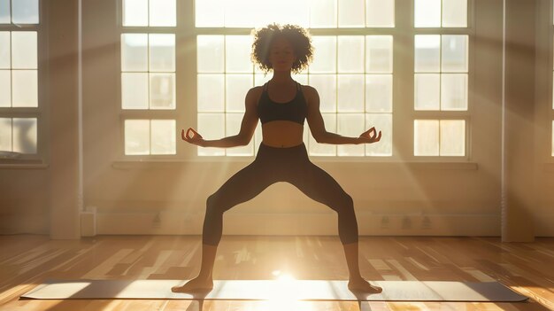 A woman in black yoga pants and a black sports bra is doing a yoga pose in a studio with large windows