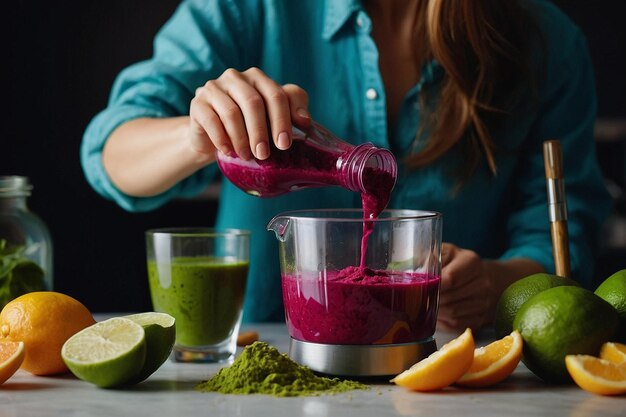 Photo woman blending ingredients for detox juice