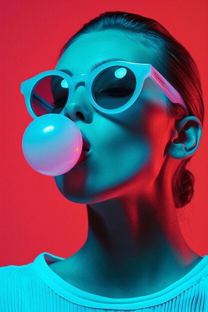 Photo woman blowing bubblegum against red background generative ai