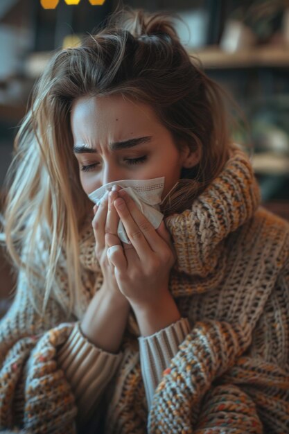 A woman blowing her nose at a table Suitable for health and wellness concepts