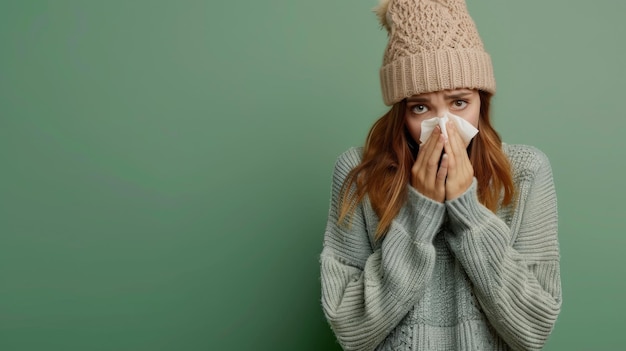 Photo woman blowing nose with tissue