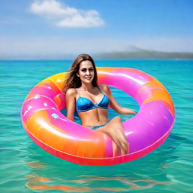 a woman in a blue bikini is floating in the water