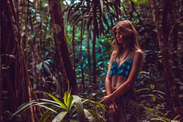 Photo a woman in a blue bikini stands in a forest with a forest in the background