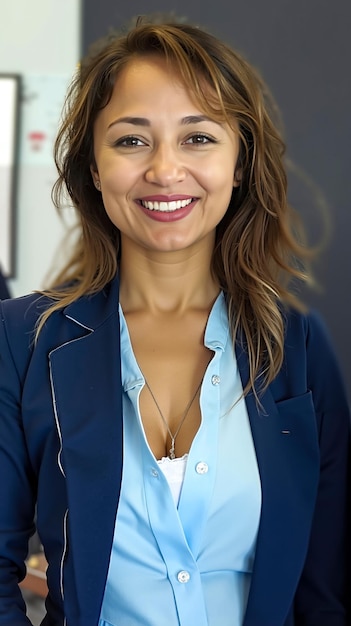 Photo a woman in a blue blazer smiles at the camera