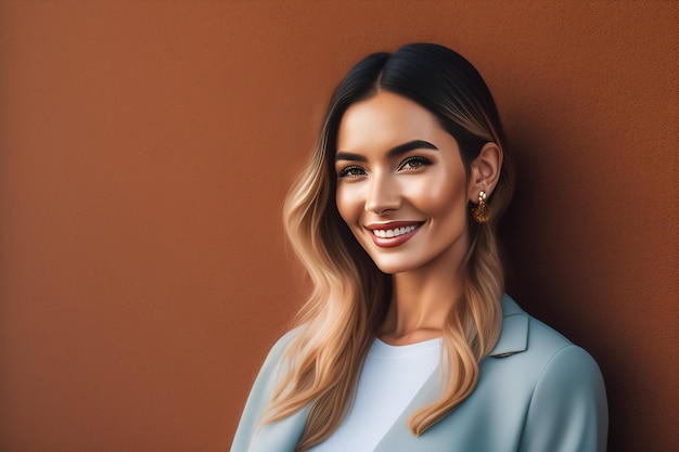 A woman in a blue blazer stands in front of a brown wall.