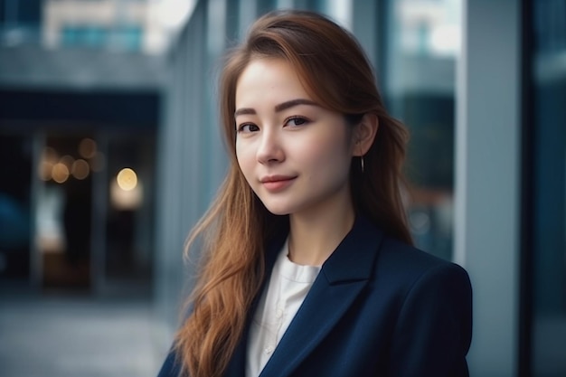 A woman in a blue blazer stands in front of a glass wall.