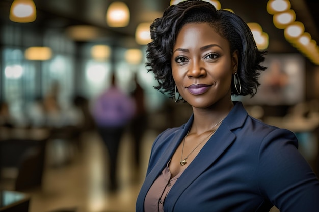 A woman in a blue blazer stands in a restaurant with the words'women's business'on the top.