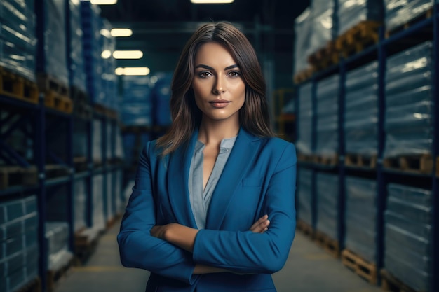 A woman in a blue blazer stands in a warehouse with her arms crossed.