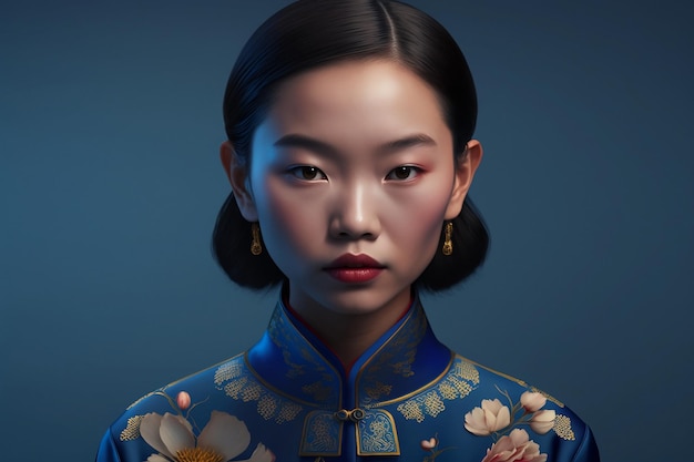 A woman in a blue chinese dress