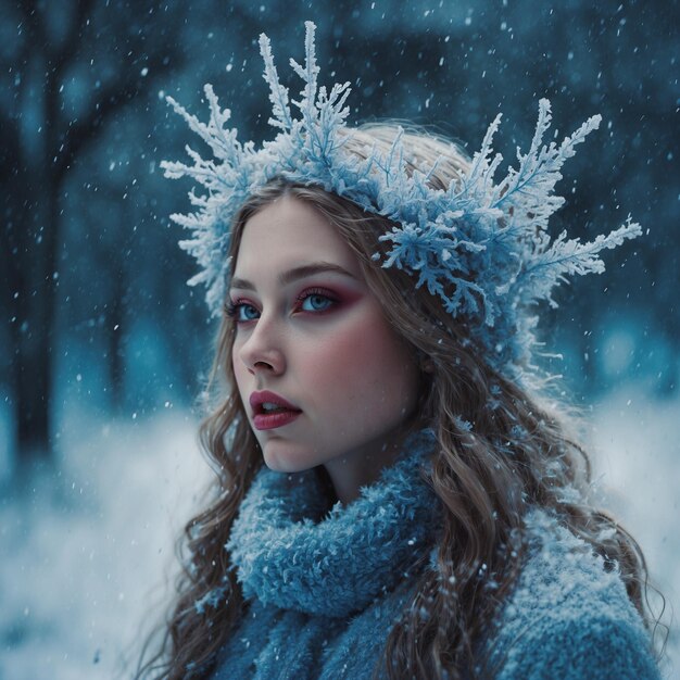 Photo a woman in a blue coat and hat is covered in snow