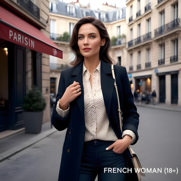 A woman in a blue coat is walking down a street