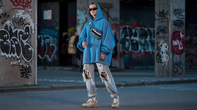 Photo woman in a blue coat is walking in front of a graffiti wall