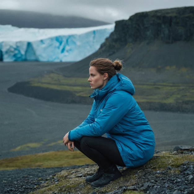 a woman in a blue coat sits on a rock with icebergs in the background