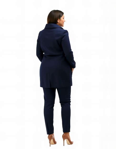 Photo a woman in a blue coat stands in front of a white background