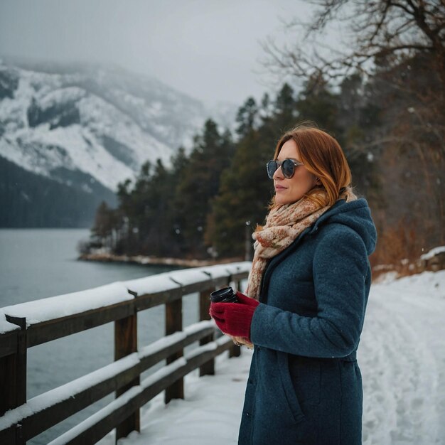 Photo a woman in a blue coat stands in the snow near a fence