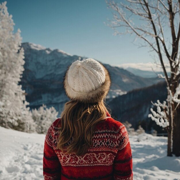 Photo a woman in a blue coat stands in the snow near a fence