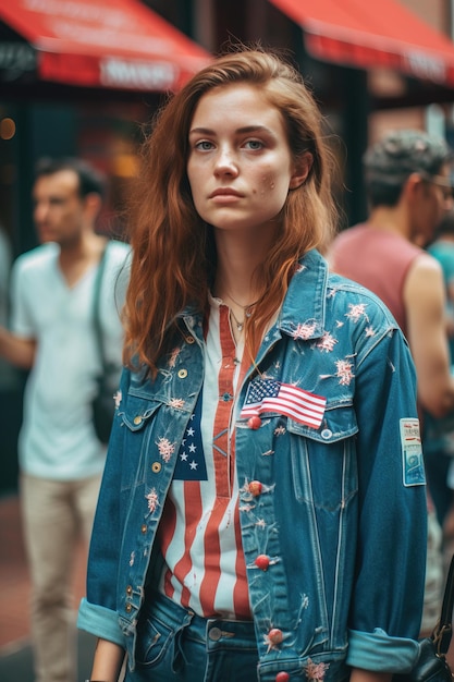 A woman in a blue denim jacket with an american flag on it