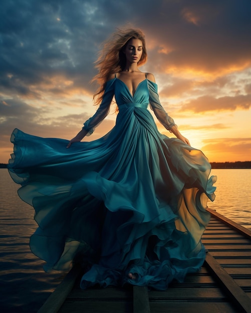 Woman in Blue Dress Balancing