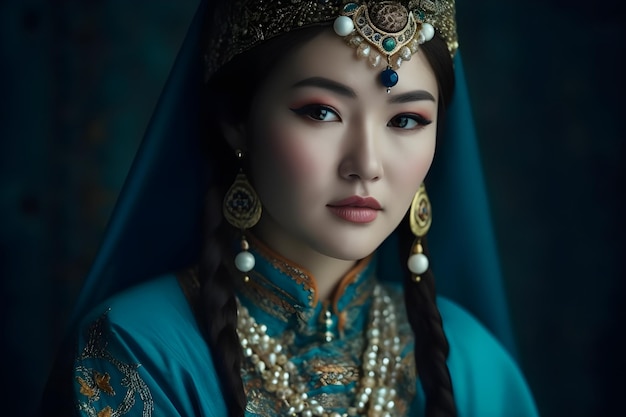 A woman in a blue dress and a blue dress with a gold necklace