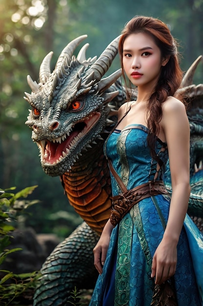 a woman in a blue dress and a dragon with a dragon on the back