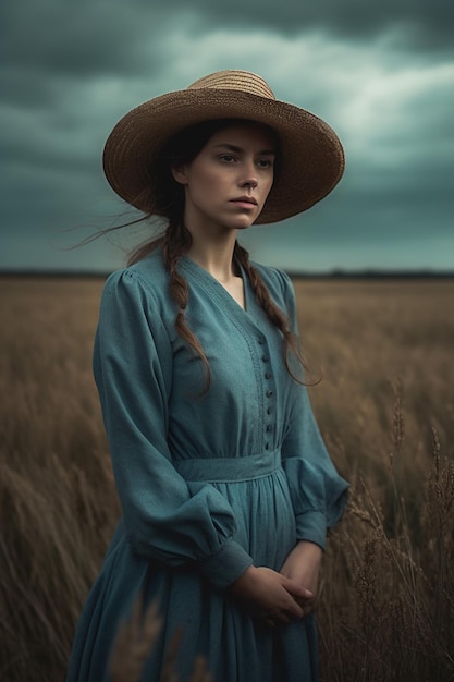 A woman in a blue dress and a hat stands in a field of wheat.