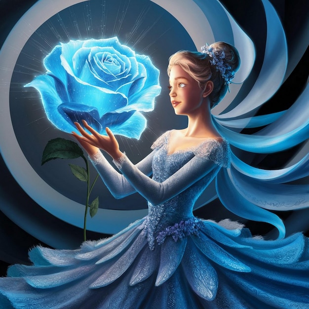 A woman in a blue dress holding a blue rose