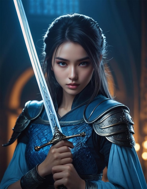 a woman in a blue dress holding a sword with the word quot she is holding a sword quot