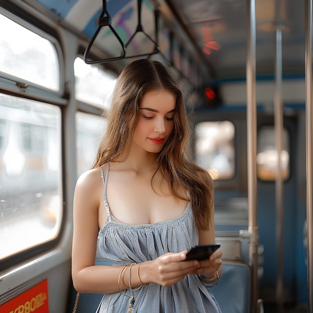 a woman in a blue dress is on a bus and she is looking at her phone