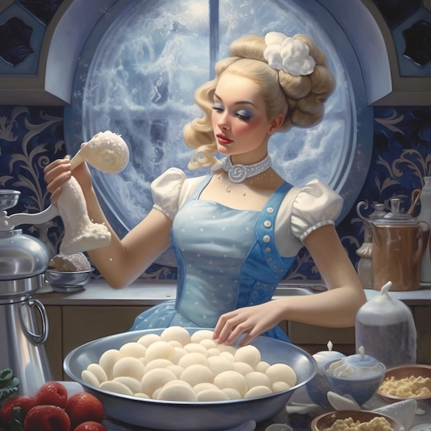 A woman in a blue dress is cooking eggs