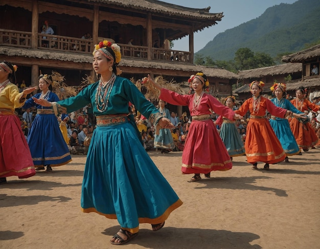 a woman in a blue dress is dancing in front of a building with a mountain in the background