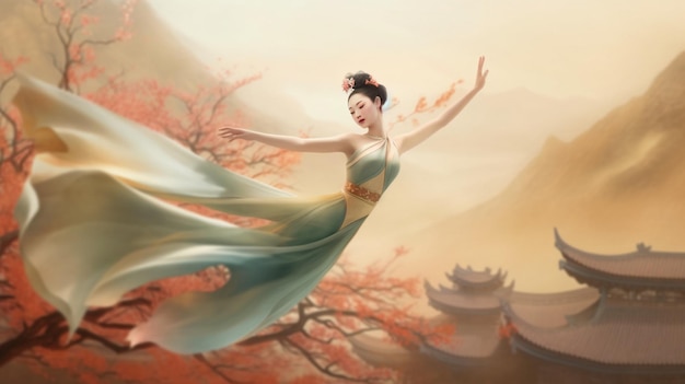 A woman in a blue dress is dancing in a landscape with a chinese landscape in the background.