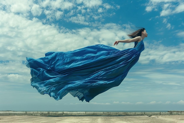 Photo a woman in a blue dress is flying through the air