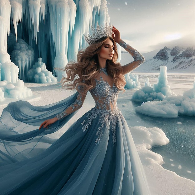 a woman in a blue dress is in front of an iceberg