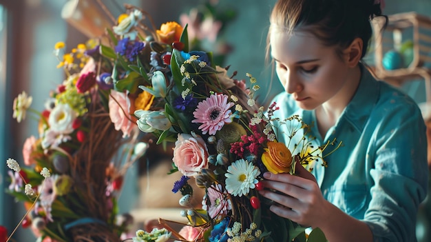 Photo a woman in a blue dress is holding a bouquet of flowers