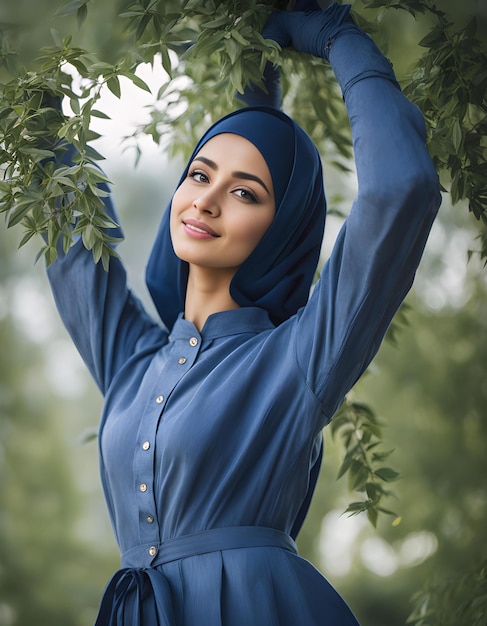 Photo a woman in a blue dress is holding a tree branch